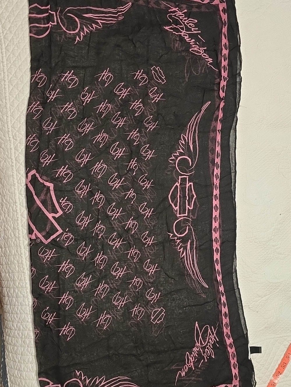 Harley-Davidson Sheer, Black and Pink Logo Bandana-Print Scarf,  36" Square